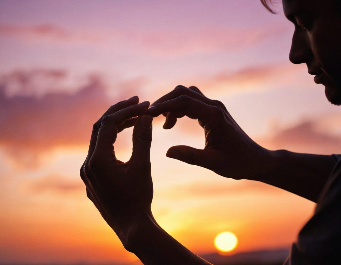 A close-up of two intertwined hands, symbolizing deep commitment and intimacy, with soft, glowing light surrounding them. In the background, a blurred silhouette of a couple enjoying a romantic sunset, representing devotion. Incorporate warm, inviting colors to evoke feelings of love and connection. super-realistic. vibrant colors. soft focus.