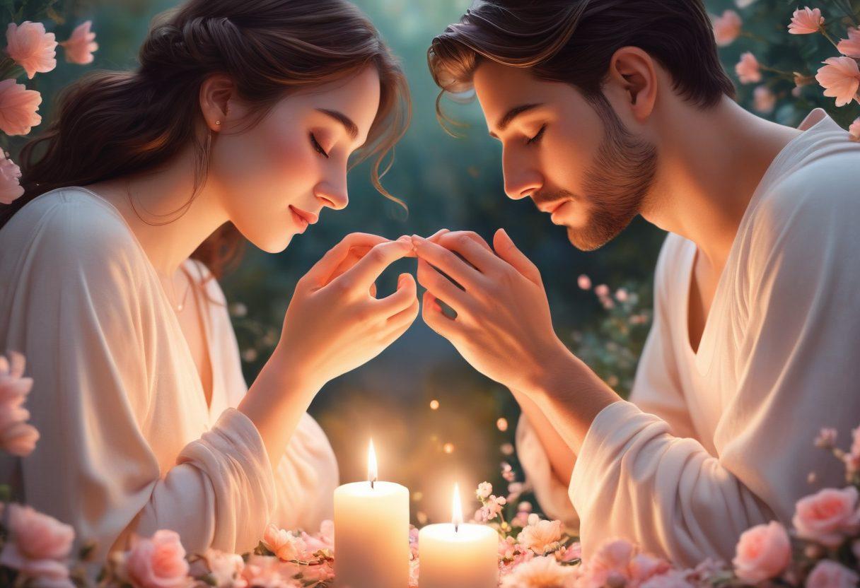 A cozy, softly lit scene depicting a couple sharing an intimate moment, surrounded by heart-shaped elements and warmth. Include symbols of love like intertwined hands, a glowing candle, and a backdrop of gentle nature with blooming flowers. The atmosphere should evoke feelings of affection and tenderness, capturing the essence of lasting romance. romantic illustration. pastel colors. soft focus.